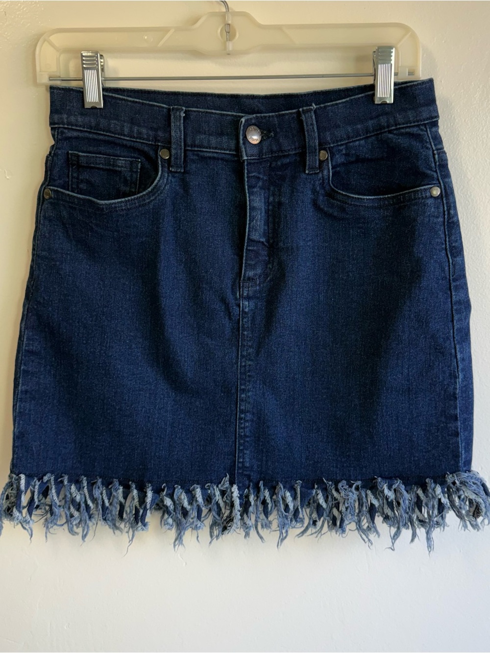 Venus Dark Wash Fringe Hem High Waist A-Line Mini Skirt size 6